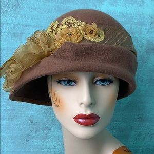 Custom brown gold free form cloche hat